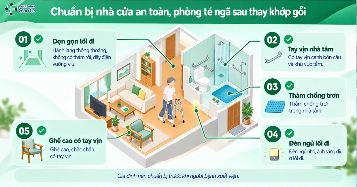 Bệnh viện Sante - Sau Thay Khớp Gối Bao Lâu Thì Đi Được? Các Mốc Phục Hồi & Bài Tập Chuẩn Y Khoa (Hình 5) Bố trí nhà cửa an toàn phòng tránh té ngã sau thay khớp gối với lối đi thông thoáng và tay vịn